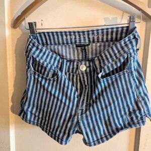 American Eagle Women's Hi Rise Stretch Blue White Stripe Jean Shorts